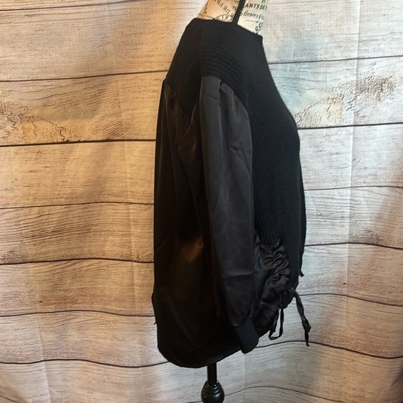 A.Z.I. Sweater Long Satin Look Sleeves Ruched Ties Buttons @ Back Size XS Black - Picture 5 of 10